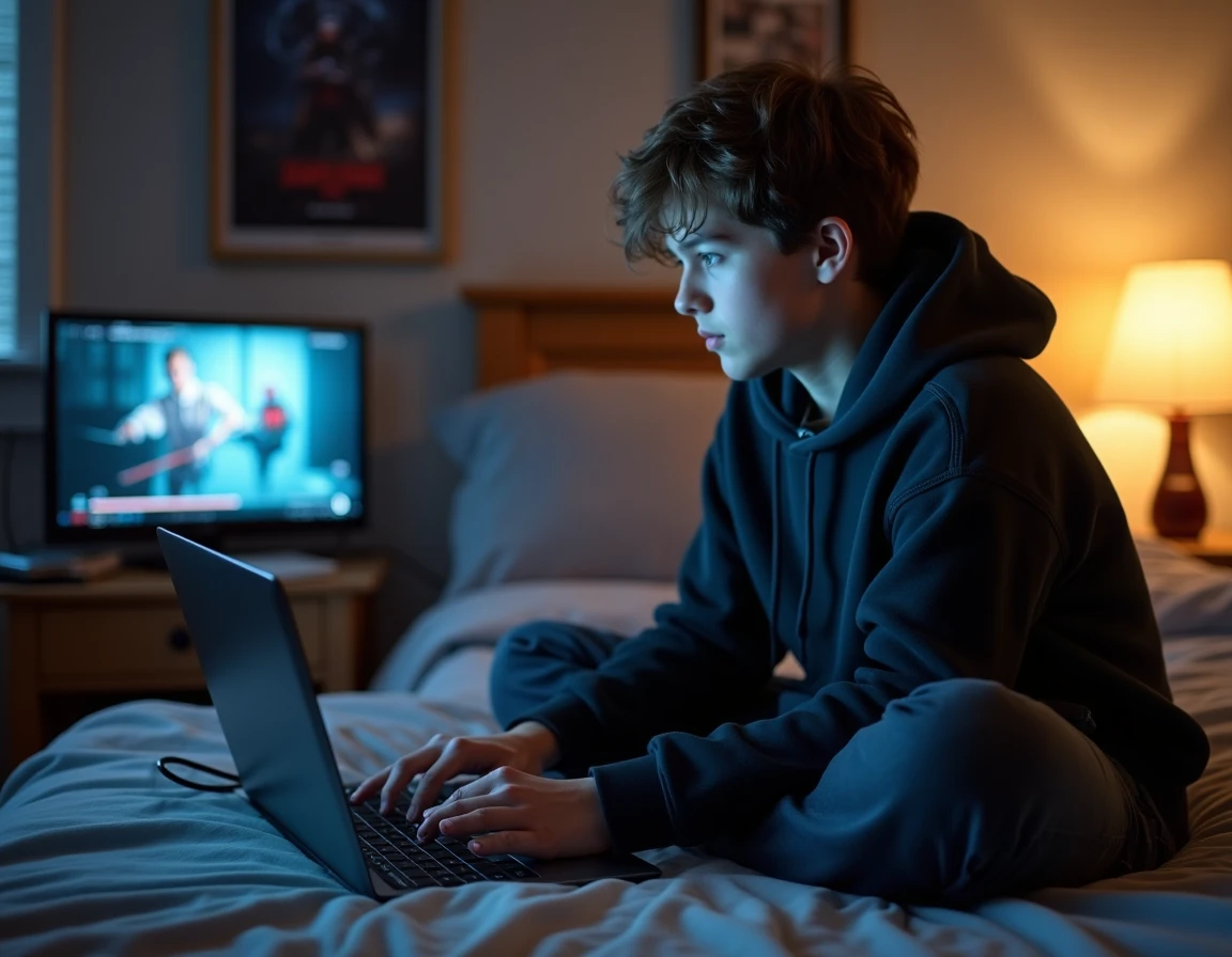 Adolescent branchant un câble Ethernet sur son ordinateur portable dans sa chambre pour améliorer la stabilité de sa connexion Internet
