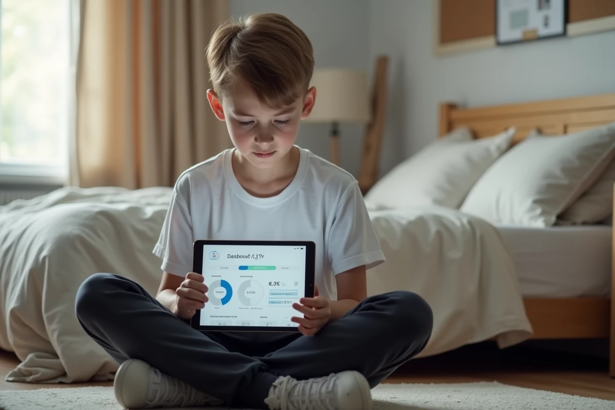 Adolescent consultant les statistiques de temps d'écran sur une tablette numérique pour mieux gérer son usage des technologies