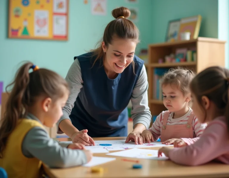 ATSEM en blouse bleue aidant des enfants lors d'une activité de peinture en classe de maternelle