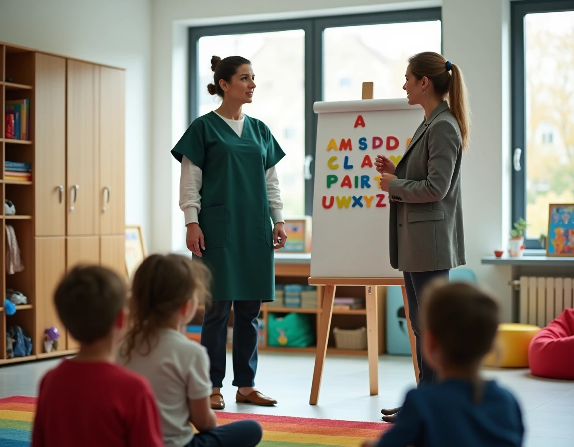 ATSEM et enseignante de maternelle collaborant devant un tableau de classe avec des enfants assis