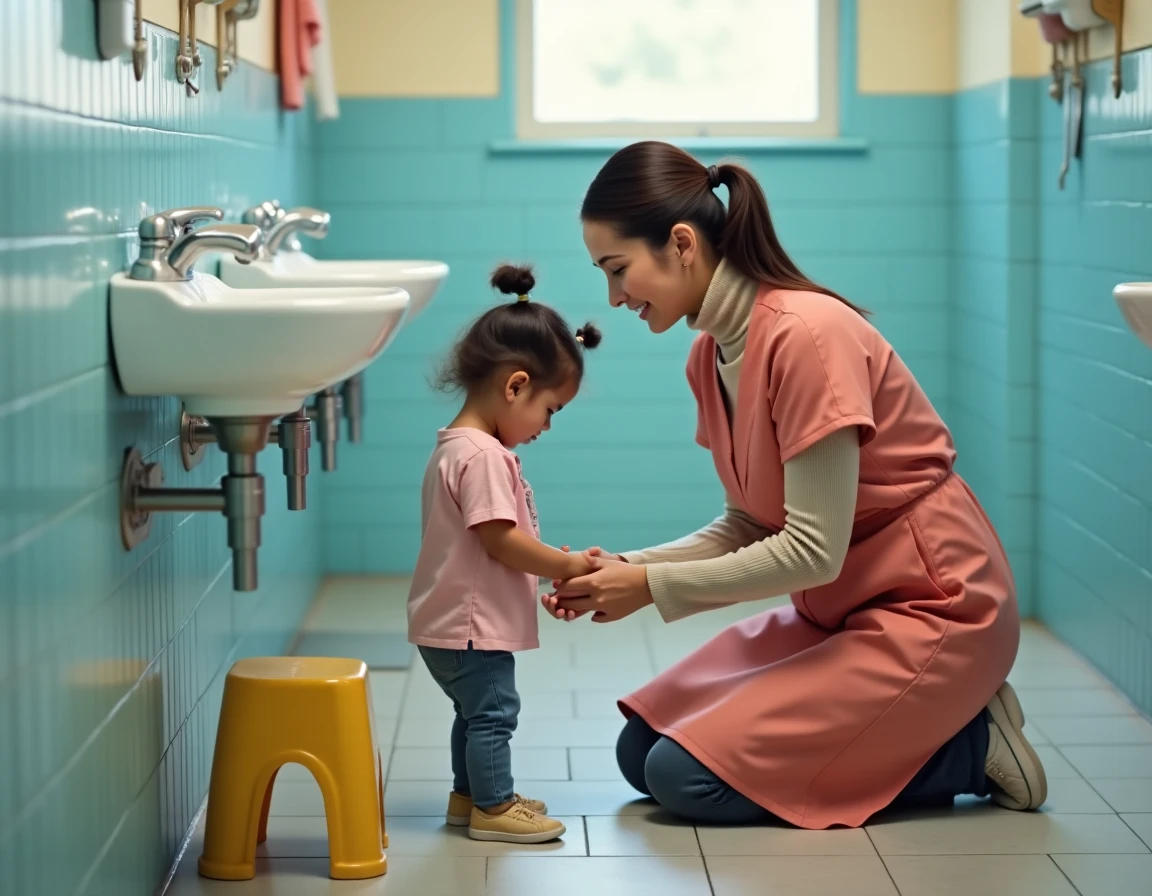 ATSEM aidant un enfant à se laver les mains dans les sanitaires d'une école maternelle
