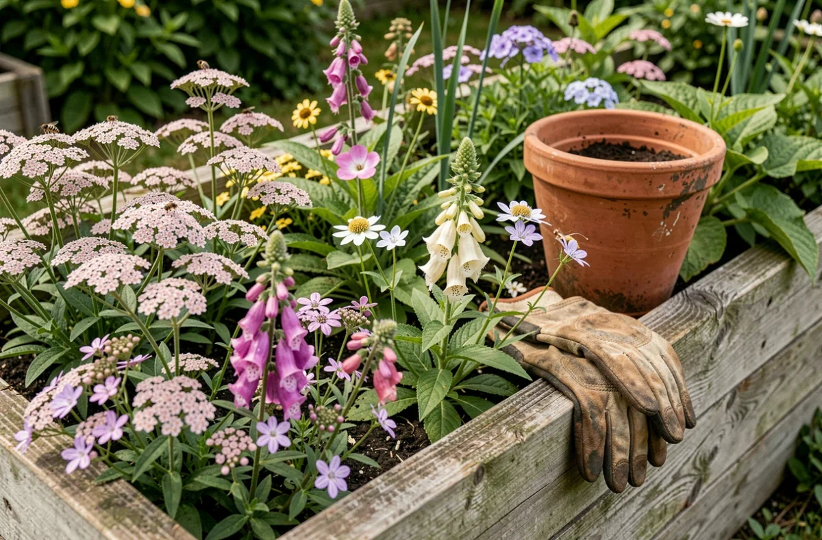 Détail d'un potager surélevé en bois rempli de fleurs vivaces et d'insectes pollinisateurs dans un jardin naturel