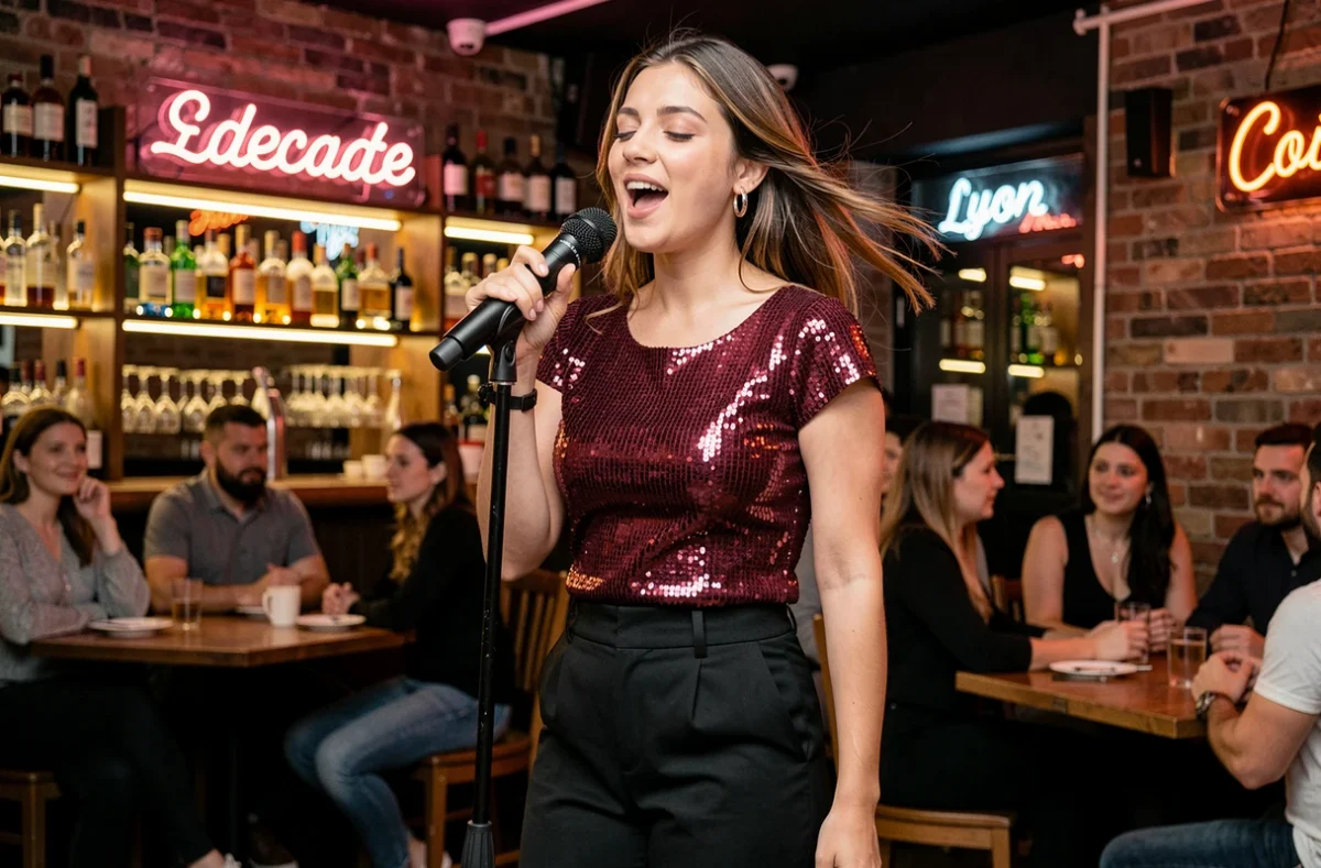 Jeune femme chantant seule sur scène dans un bar karaoké tendance du centre-ville de Lyon