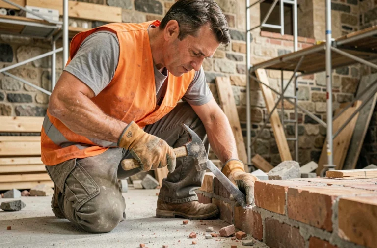 Ouvrier de chantier utilisant un ciseau et un marteau pour travailler sur une surface en brique lors d'une rénovation