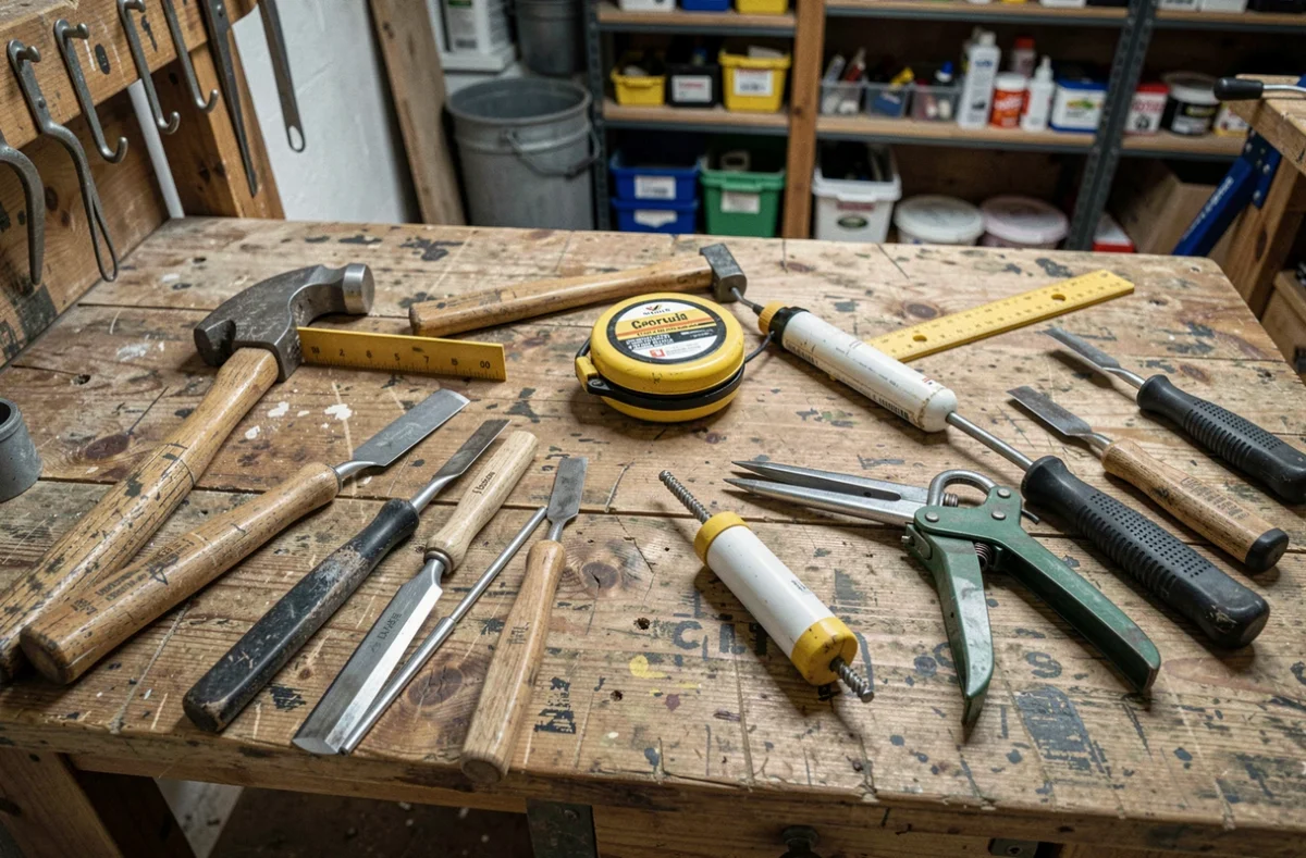 Collection d'outils de chantier commençant par la lettre C disposés sur un établi en bois vieilli