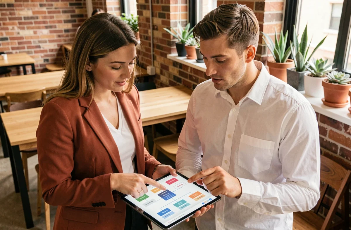 Deux collègues analysant ensemble le plan du site Philippe Bredif sur une tablette dans un espace de coworking