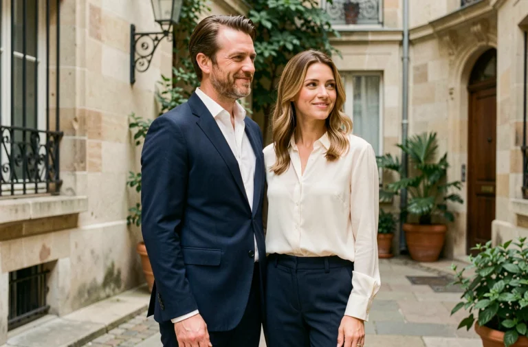 Couple élégant et discret dans une cour parisienne classique, illustrant la vie privée d'un homme politique français et son épouse