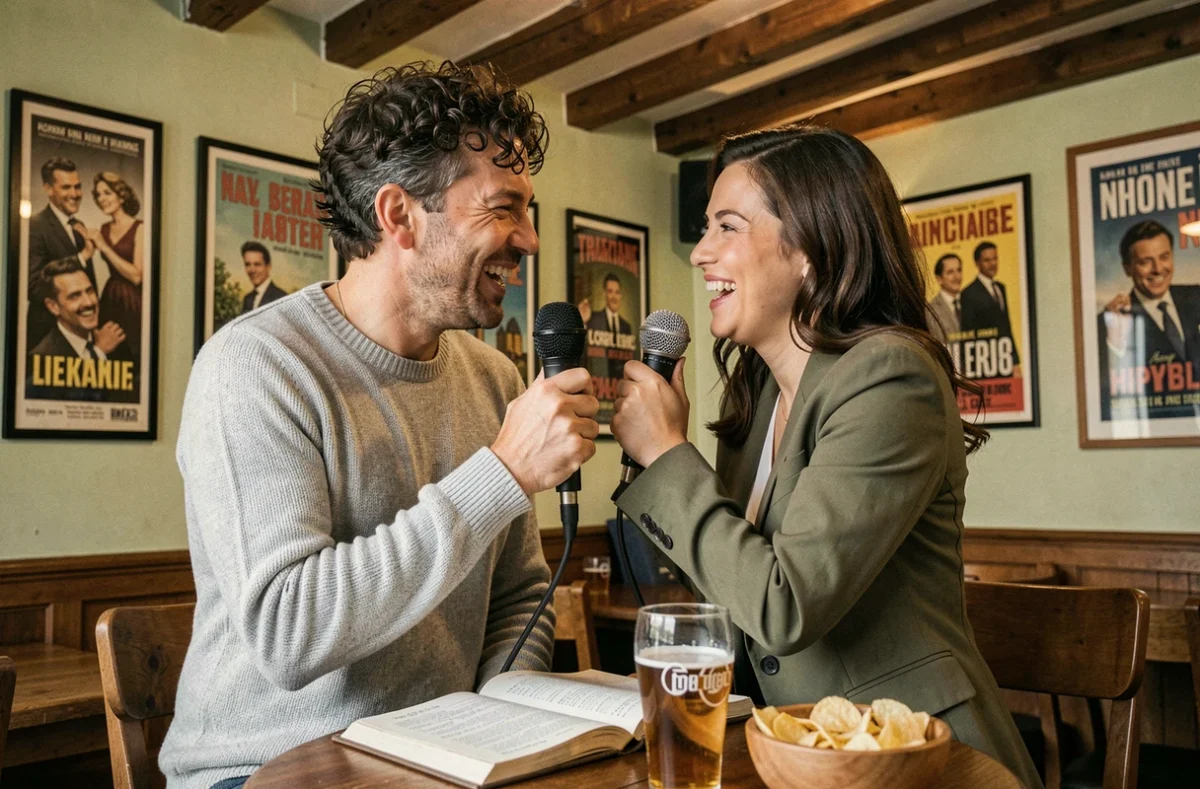 Couple complices partageant un microphone lors d'un duo karaoké dans un établissement chaleureux de Lyon