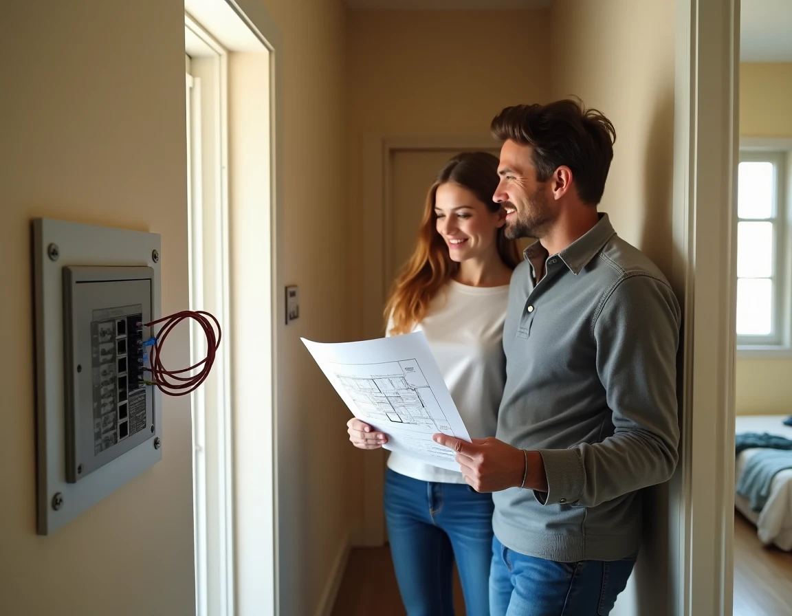 Couple examinant une boîte de raccordement fibre optique dans le couloir de leur appartement pour planifier l'optimisation de leur réseau domestique