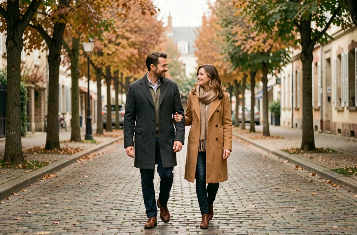 Couple se promenant discrètement dans une avenue arborée d'une ville française, vie privée d'un homme public et de son épouse