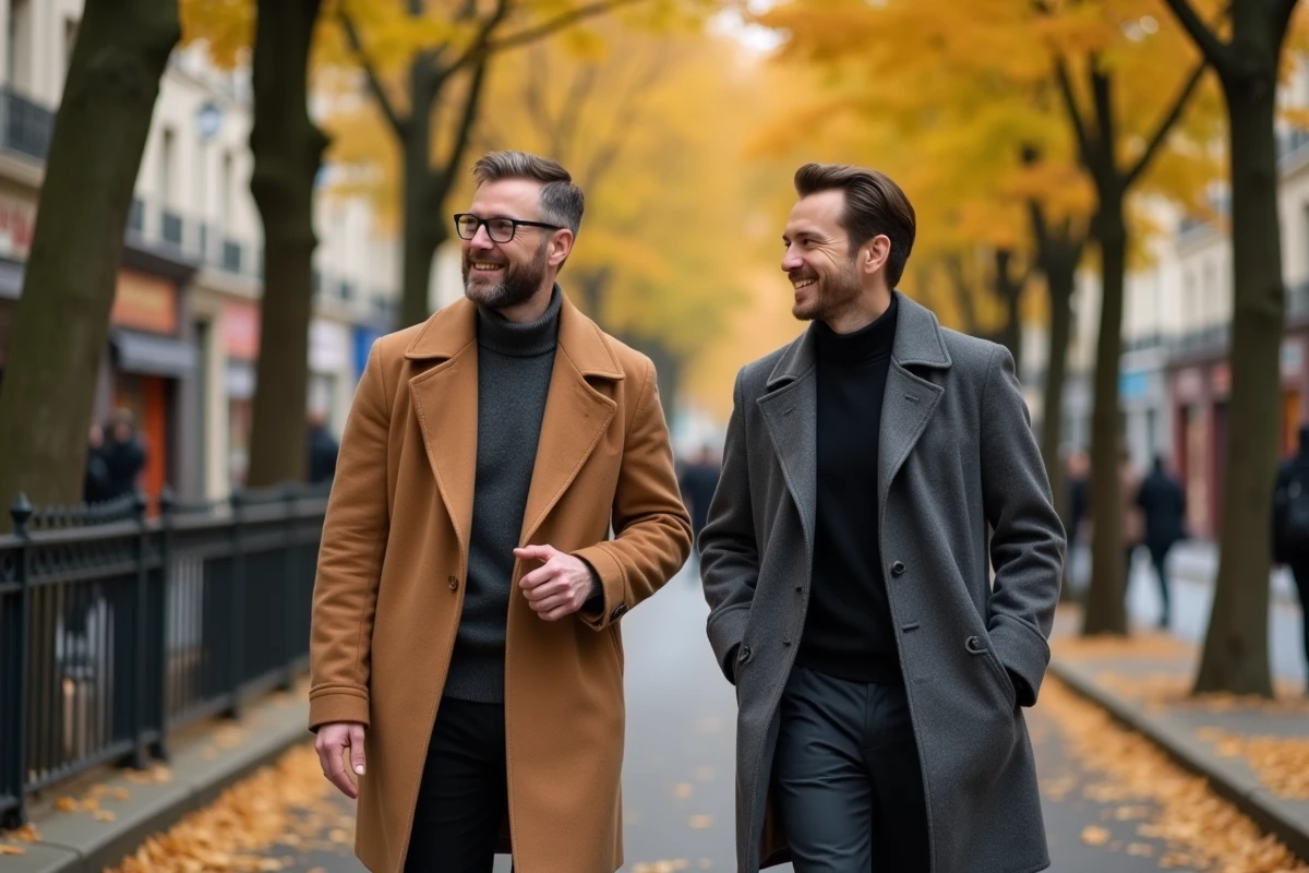 Deux hommes marchant ensemble dans une rue parisienne en automne, illustrant une relation complice loin des projecteurs médiatiques