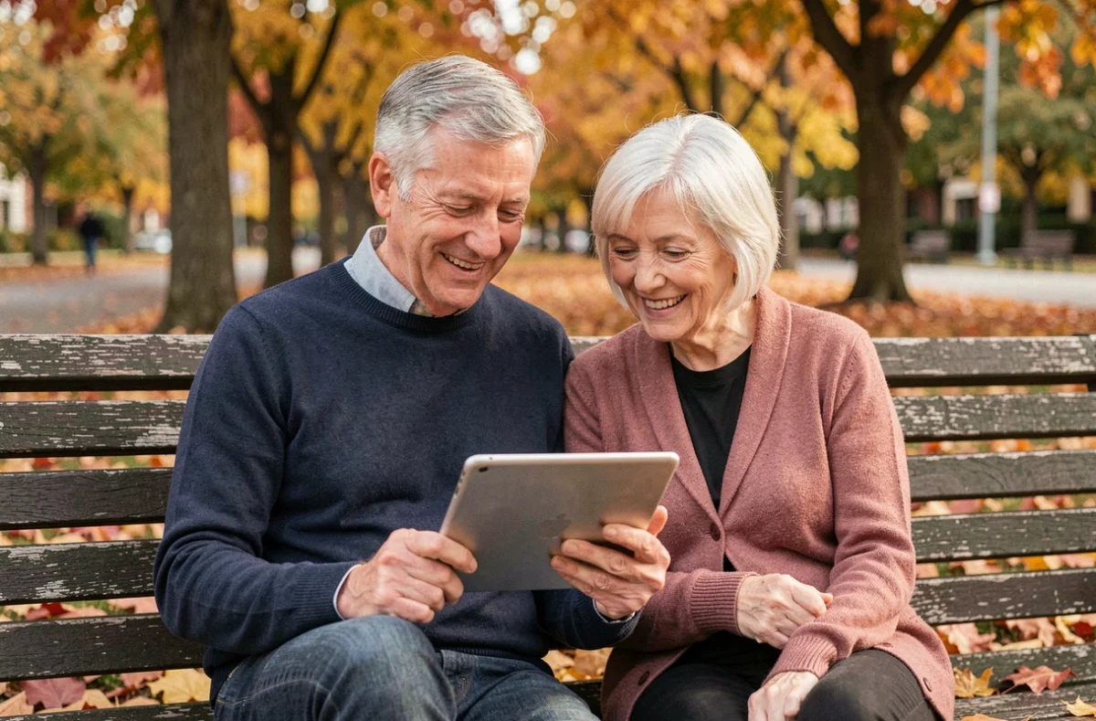 Couple de retraités consultant une tablette ensemble dans un parc en automne