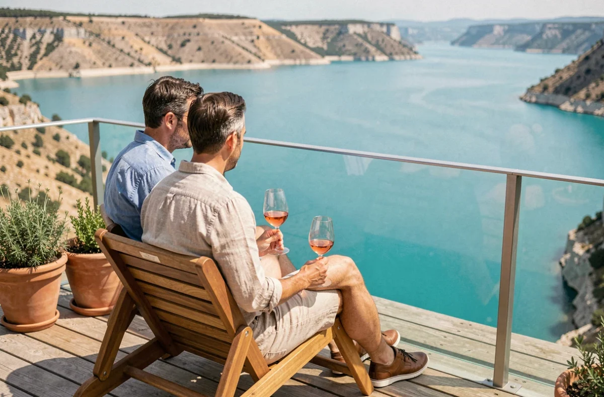 Couple en terrasse d'une location de vacances moderne avec vue panoramique sur le lac de Sainte-Croix et les gorges du Verdon