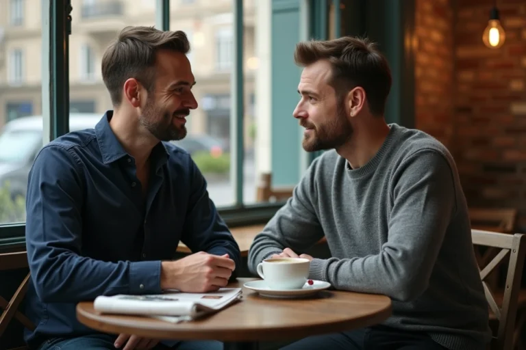 Deux hommes adultes partageant un moment intime dans un café parisien, illustrant la vie privée discrète d'un couple influent