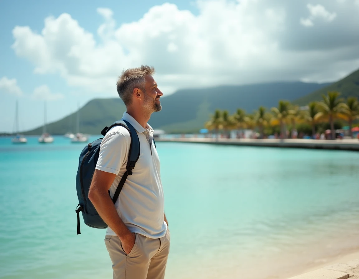 Homme contemplant la baie de Nouméa depuis la promenade lors de son installation en Nouvelle-Calédonie