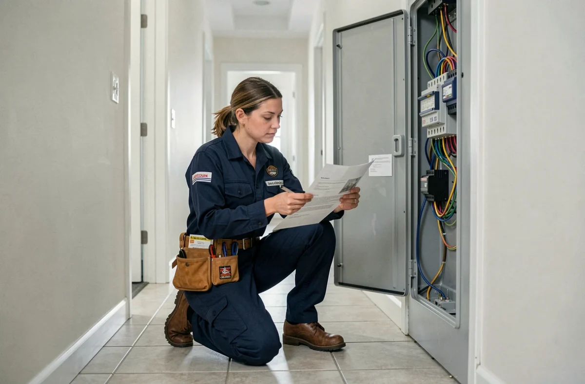 Électricienne professionnelle consultant une notice technique près d'un tableau électrique résidentiel