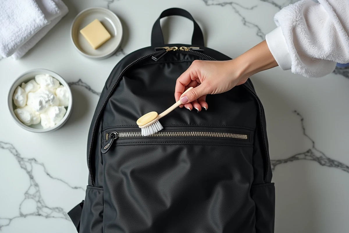 Gros plan sur le nettoyage d'une poche zippée d'un cartable Kipling noir avec une brosse à dents douce et de l'eau savonneuse