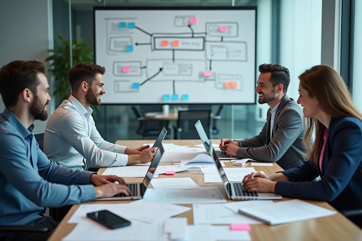 Équipe de professionnels collaborant sur un document de terme de référence en salle de réunion