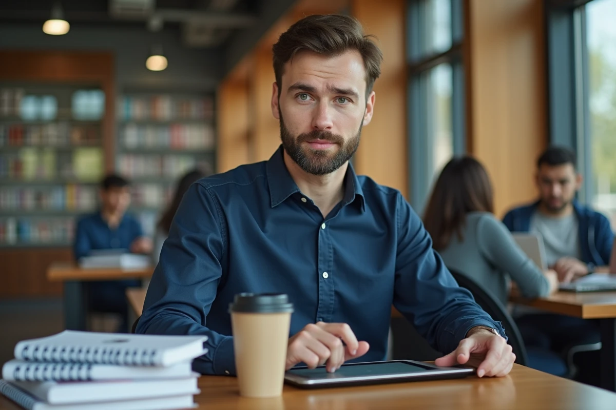 Étudiant consultant le portail Eduservices sur une tablette dans une bibliothèque universitaire