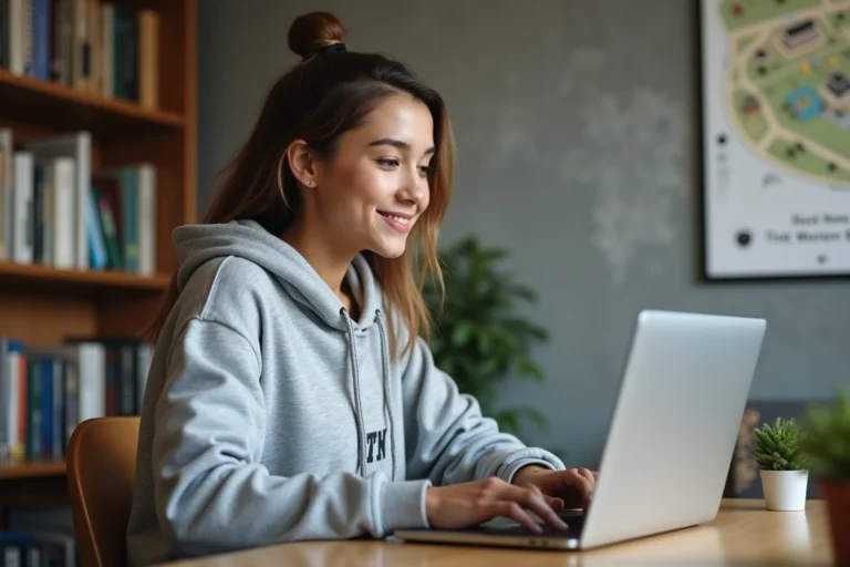 Étudiante connectée à son portail MyCampus Eduservices sur un laptop dans une chambre universitaire moderne