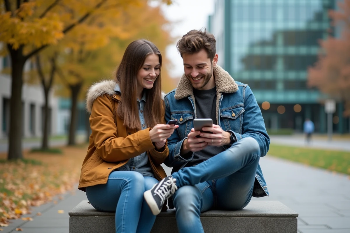 Deux étudiants consultant MyCampus Eduservices sur smartphone dans la cour d'un campus universitaire en automne