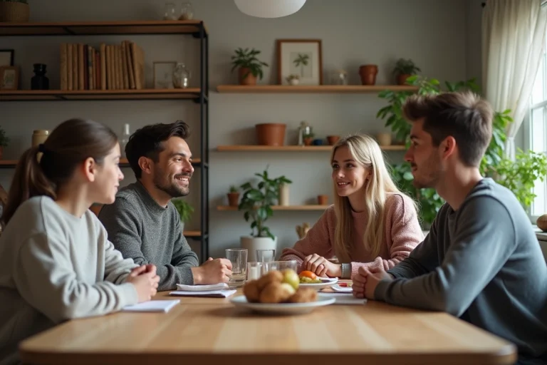 Famille de quatre autour d'une table en discussion