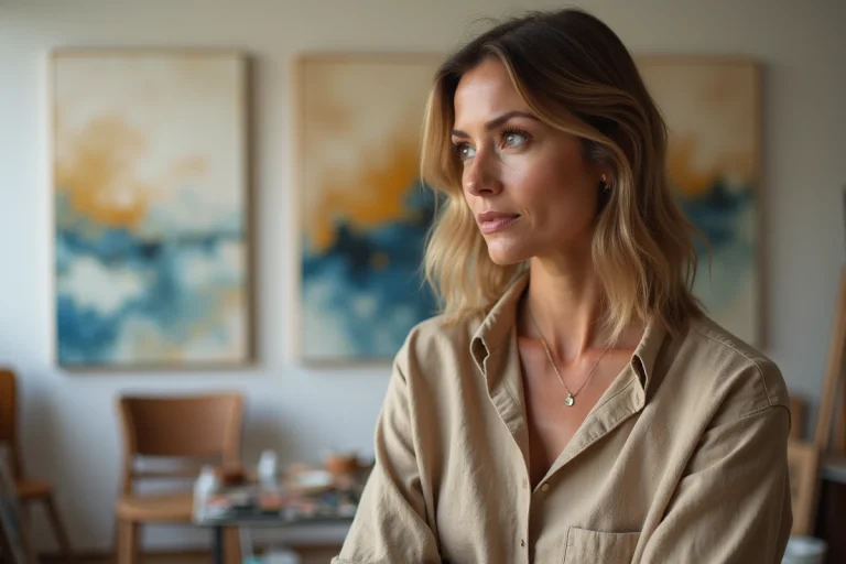 Femme en portrait artistique dans un studio créatif
