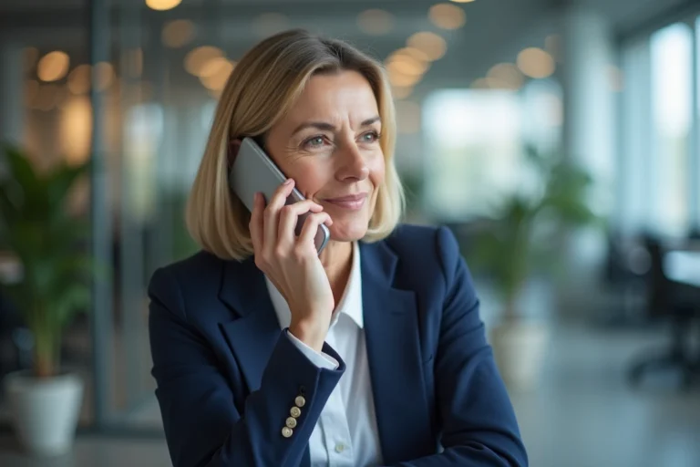 Femme professionnelle en bureau passant un appel téléphonique avec l'indicatif 04 12 en France