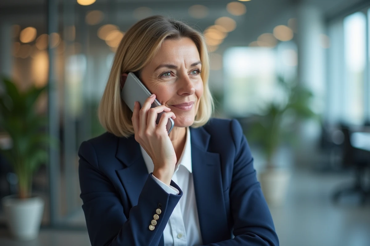 Femme professionnelle en bureau passant un appel téléphonique avec l'indicatif 04 12 en France