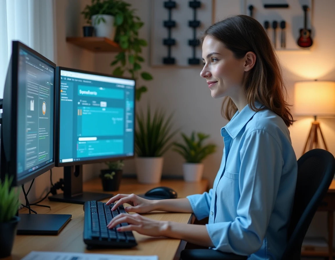 Femme travaillant à domicile sur l'optimisation de sa connexion Internet avec des outils de diagnostic réseau sur double écran