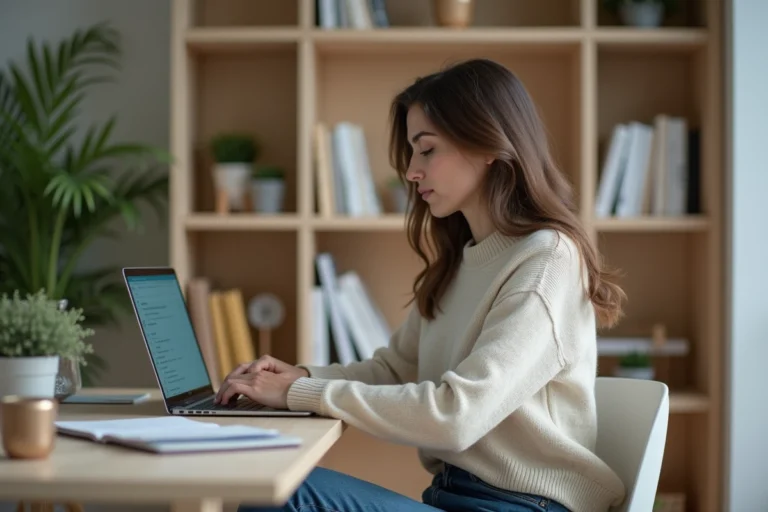 Femme assise à son bureau en train de vérifier sa réservation de vol