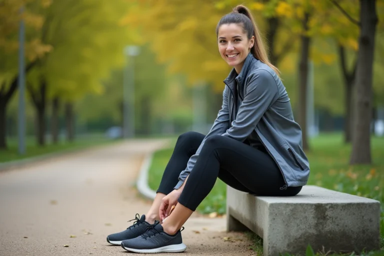 Femme souriante en tenue de sport avant un jogging dans un parc
