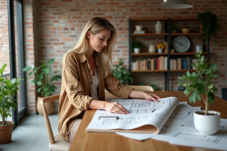 Femme en intérieur examinant tissus et plans architecturaux