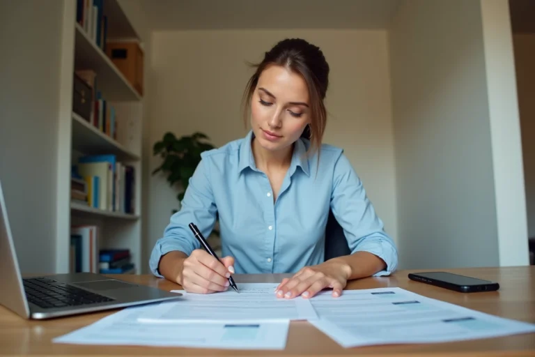Femme remplissant un formulaire de remboursement EF à son bureau avec un ordinateur portable ouvert