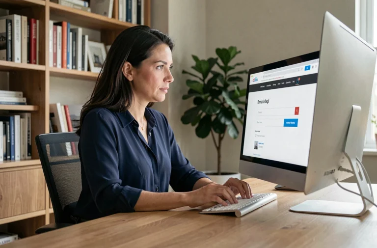 Femme naviguant sur le plan du site Philippe Bredif depuis un bureau moderne à domicile