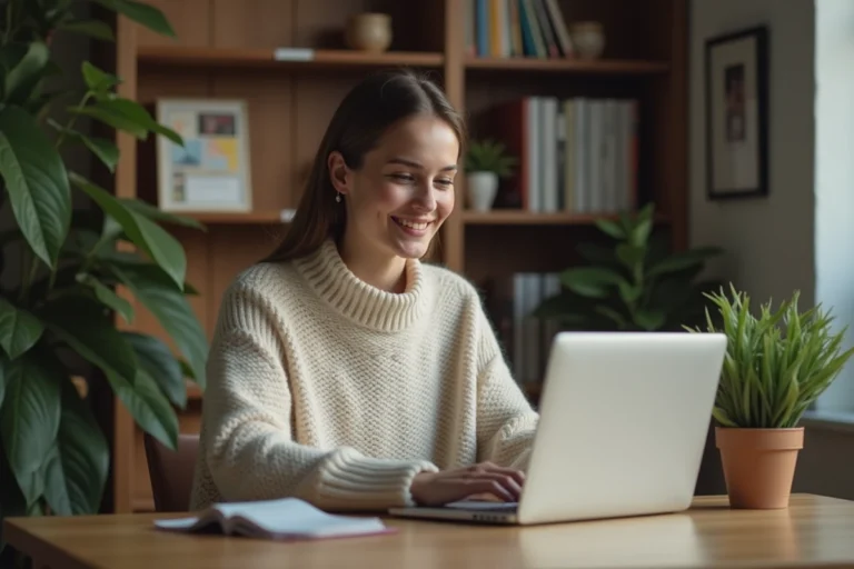 Jeune femme souriante utilisant un ordinateur portable dans un bureau à domicile