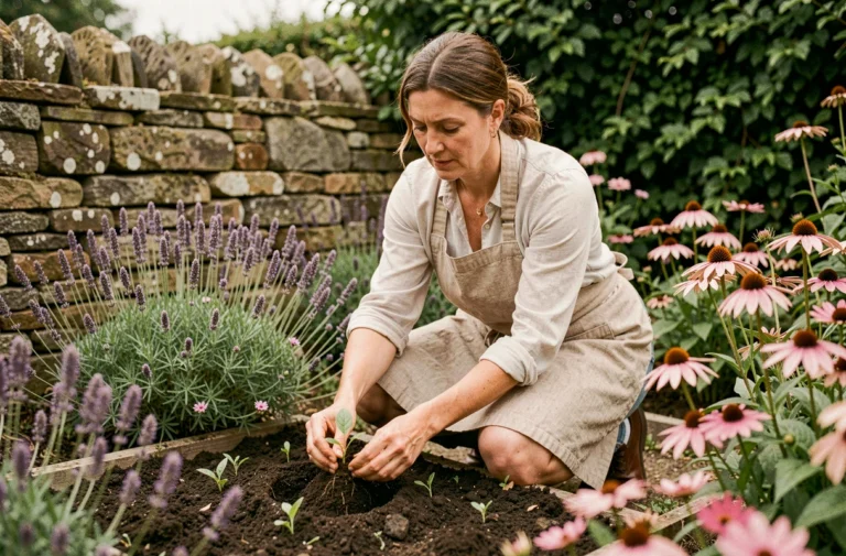 Femme plantant des fleurs sauvages dans un jardin naturel fleuri avec des lavandes et des échinacées en arrière-plan