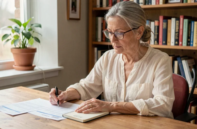 Femme de 60 ans préparant sereinement sa retraite à son bureau avec des documents financiers