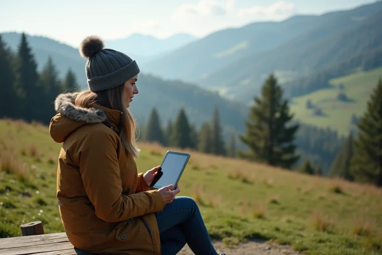Jeune femme en randonnée regardant son tablet dans le Pilat