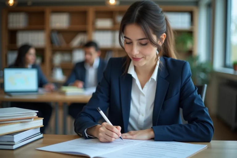 Femme professionnelle rédigeant un terme de référence de projet dans un bureau moderne