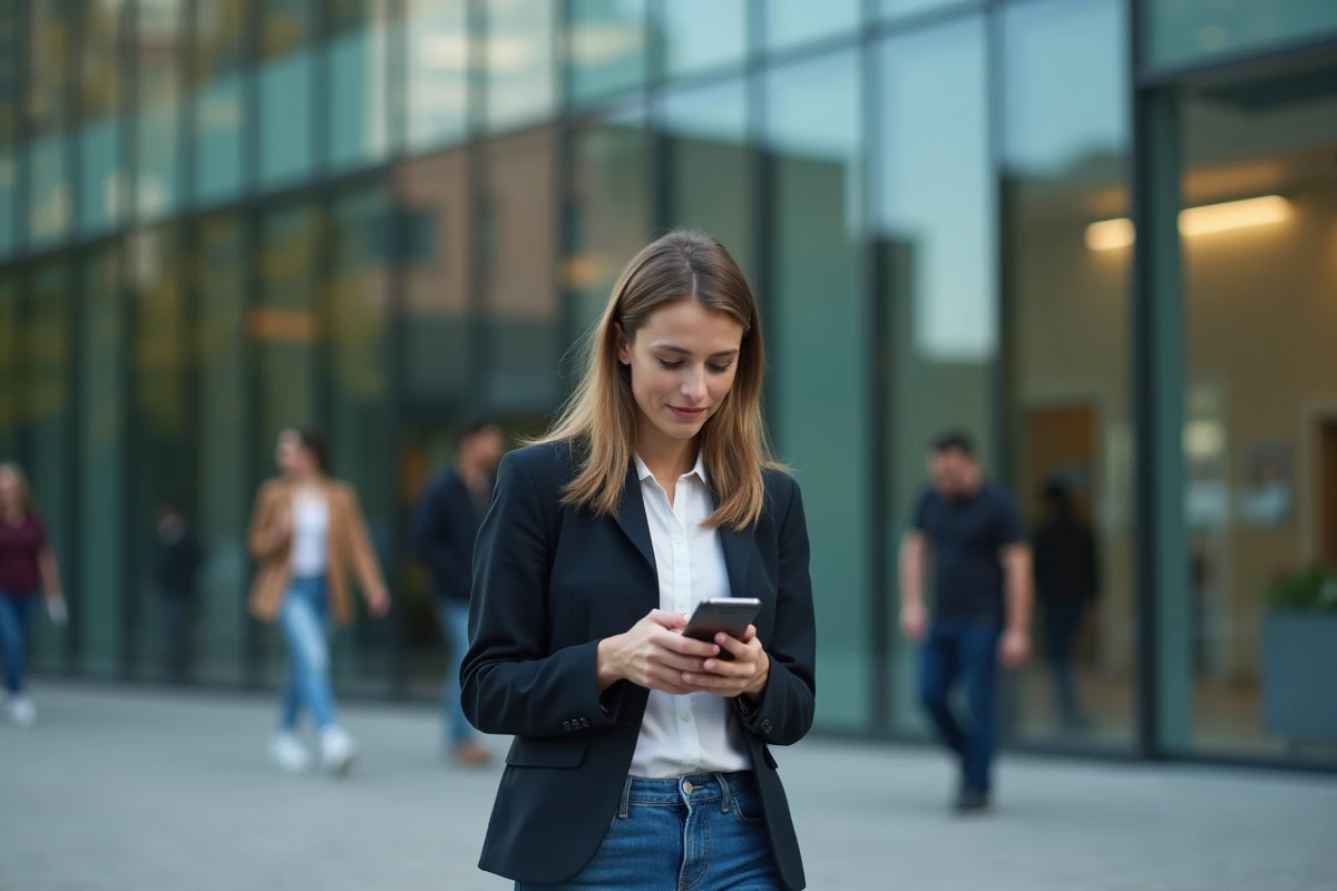 Jeune femme regardant son smartphone devant un bâtiment urbain