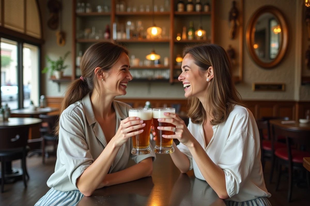Deux femmes partageant des picon bières dans une brasserie traditionnelle française