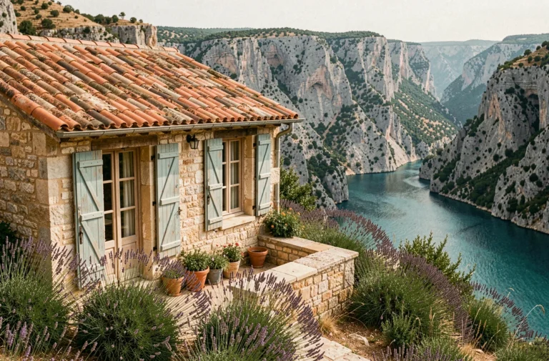 Gîte en pierre avec terrasse donnant sur les gorges du Verdon, entouré de lavande et de falaises calcaires