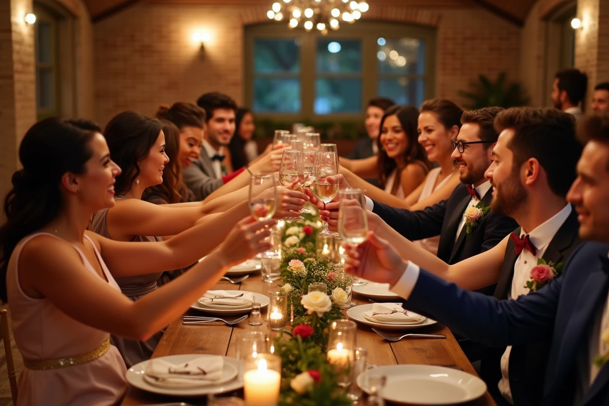 Groupe d invités de mariage faisant un toast dans une salle chaleureuse