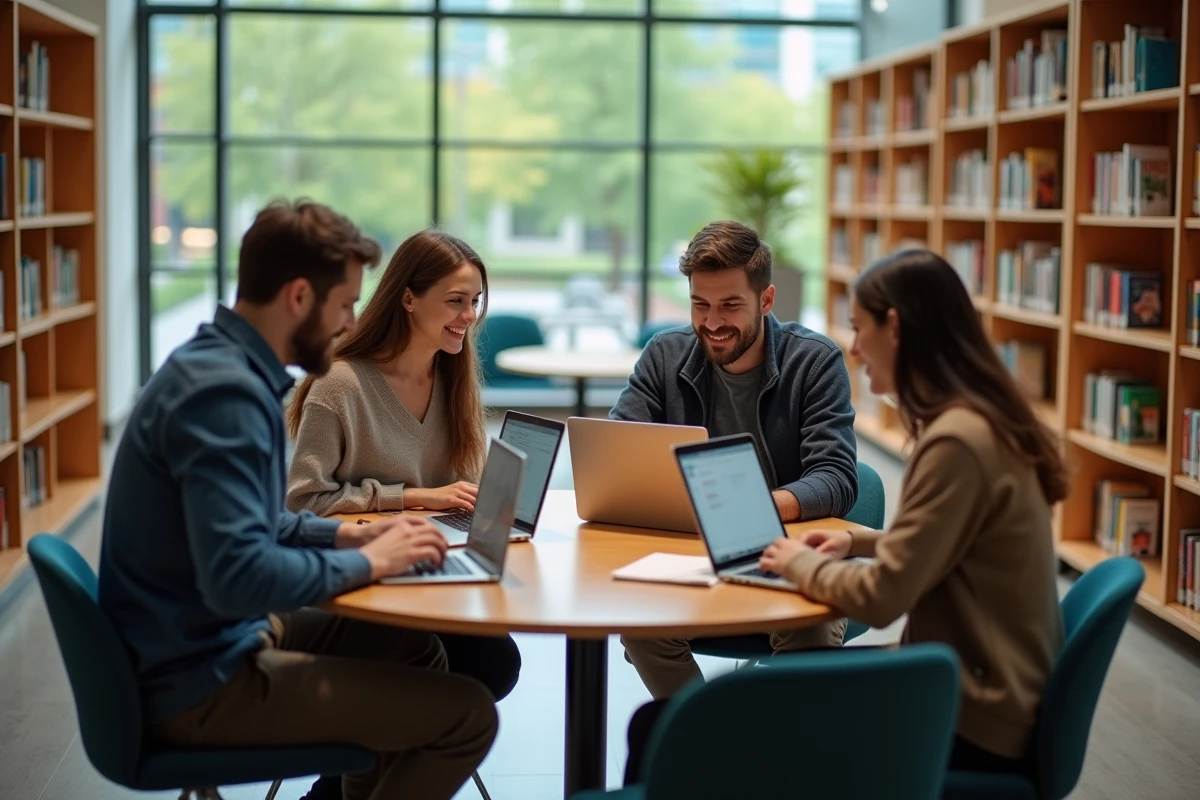 Groupe d adultes collaborant dans une bibliothèque universitaire