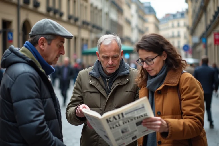 Groupe de personnes dans une rue urbaine européenne lisant un journal