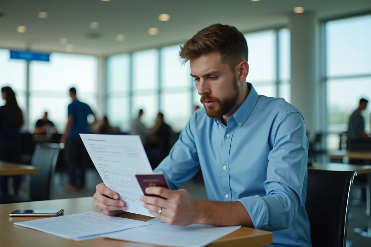 Jeune homme regardant son passeport et billet à l