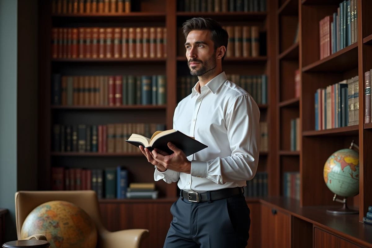 Homme adulte pensif dans une bibliothèque privée, symbolisant l'influence discrète et la vie dans l'ombre d'une personnalité publique