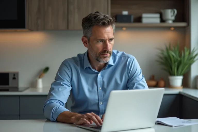 Homme pensif utilisant un ordinateur dans une cuisine moderne