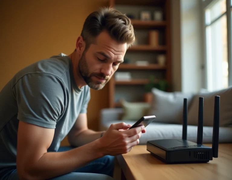 Homme configurant un routeur Wi-Fi moderne dans un salon contemporain pour optimiser sa connexion Internet